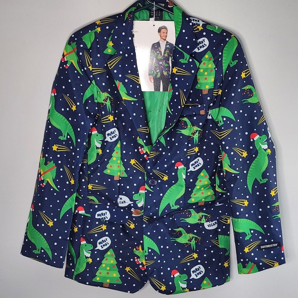 Ugly Christmas Blazer Sport Coat Jacket T-Rex Dinosaur I'm Vegan 2 Button Navy S